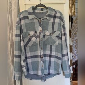 Plaid Button-Up Teal And Grey